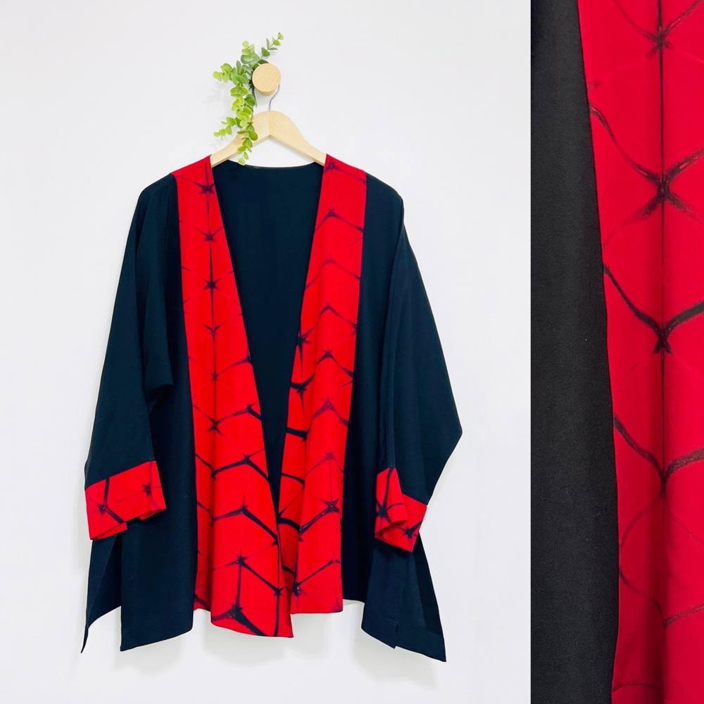 Laura Hunter Black Red Lagenlook Open Front Silk Blend Kimono Jacket